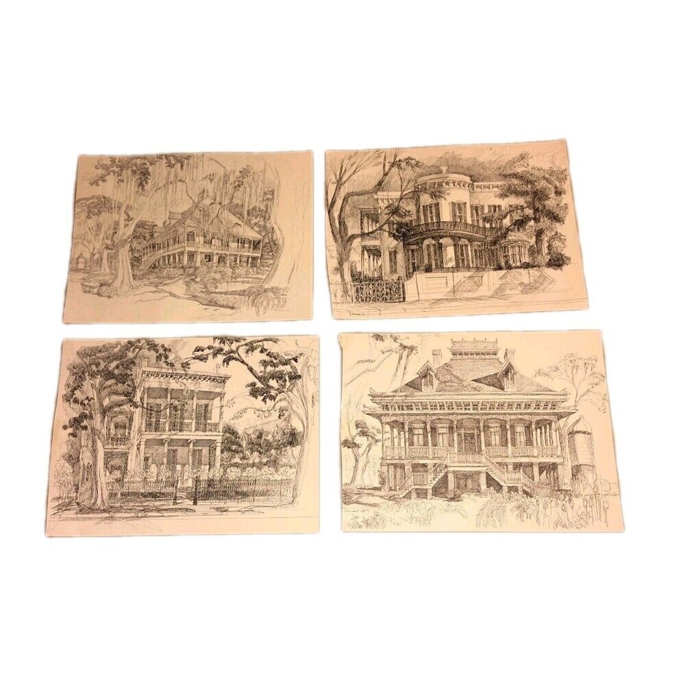 Set of 4 Vintage 1970 John Desmond Louisiana Monuments Book Plates - New...